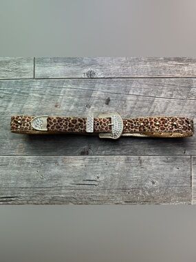 Kathy Van Zeeland Leopard Print Belt with Rhinestone Gold Buckle